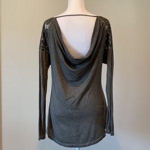 Women's long sleeve, lace shoulder, drop back top